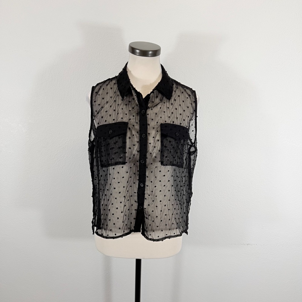 Express Black Sheer Swiss Dot Sleeveless Button Up Blouse XS Whimsigoth Coquette